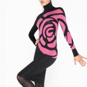 Wolford Rose Intarsia Bodycon Turtleneck Dress | Mod Floral Stretch Knit | Sz S